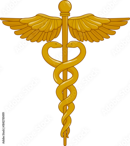 Caduceus staff of Hermes symbol of commerce, negotiation, and peace. Ancient Greek golden rod with two snakes. Vintage short staff, two serpents wrapped around it, and a pair of wings at the top. 