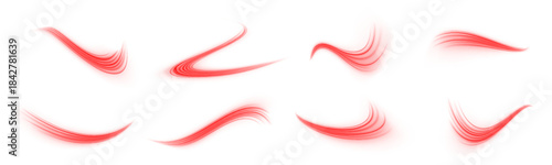 Red neon curves twist and spiral across black space, forming abstract trails of glowing energy. Spark flares accentuate motion. Perfect for cyberpunk or sci-fi visuals. PNG