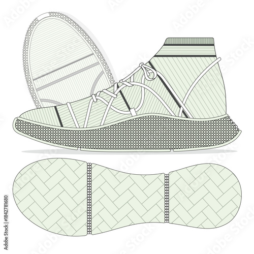 Slip-on sneakers design technical flat sketch vector mockup template.