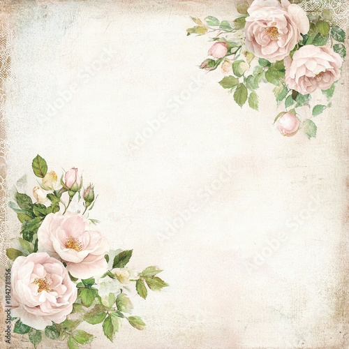 Vintage Parisian background with faded French script, shabby chic roses, lace overlays, and soft watercolor pastels - ideal for printables, journaling, and elegant craft projects.