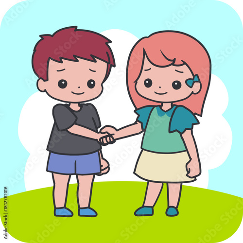 Children Making Peace Boy and Girl Shaking Hands. Perfect for educational materials, children books, classroom posters, parenting guides, and social emotional learning themes.