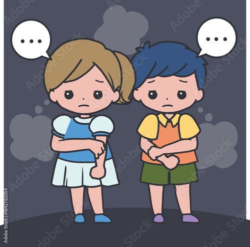 Children Sadness and Worry Concept Vector Art. Perfect for educational materials, emotional awareness content, child psychology themes, bullying prevention illustrations, and storytelling graphics.
