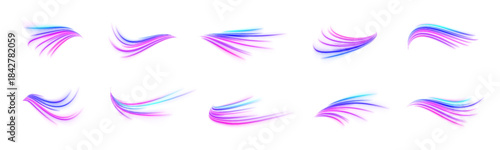 Curved neon strokes spiral into dynamic patterns. Their vibrant edges shimmer with motion blur. A futuristic glow surrounds each line. PNG