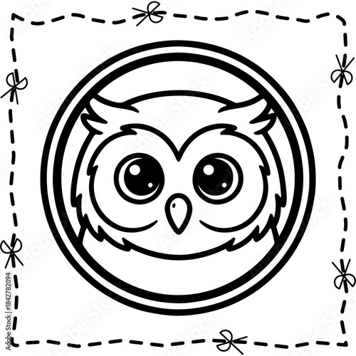 Cute Owl Face Vector Illustration Black and White Coloring Page Sticker with Scissor Cut Lines