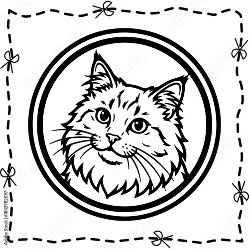 Fluffy Cat Head Vector Illustration Black and White Coloring Page Sticker with Scissor Cut Lines