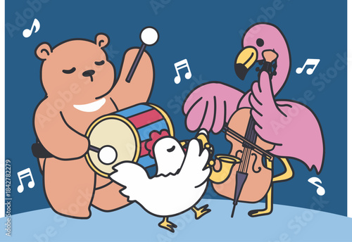 Whimsical Animal Musical Party Scene Cartoon. Ideal for children content, music party graphics, posters, playful and fun animal designs.