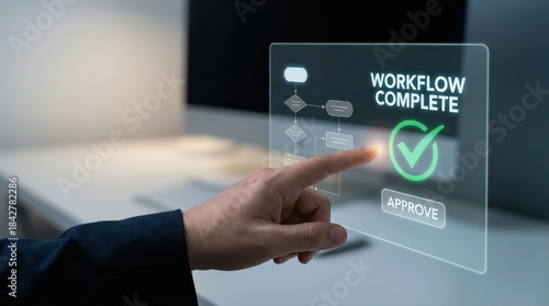 Wallpaper Mural Hand taps a holographic workflow complete screen with approval check. Human AI Collaboration concept Torontodigital.ca