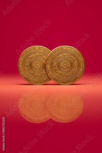 Two golden coins minimalist prosperity concept