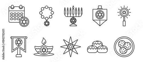 Hanukah & chanukah icon set collection in outline style. Icon pack contain Hanukah, chanukah, Menorah, Dreidel, Miracle, Maccabees, festival of Lights, , shamash, latkes, sufganiyot, 