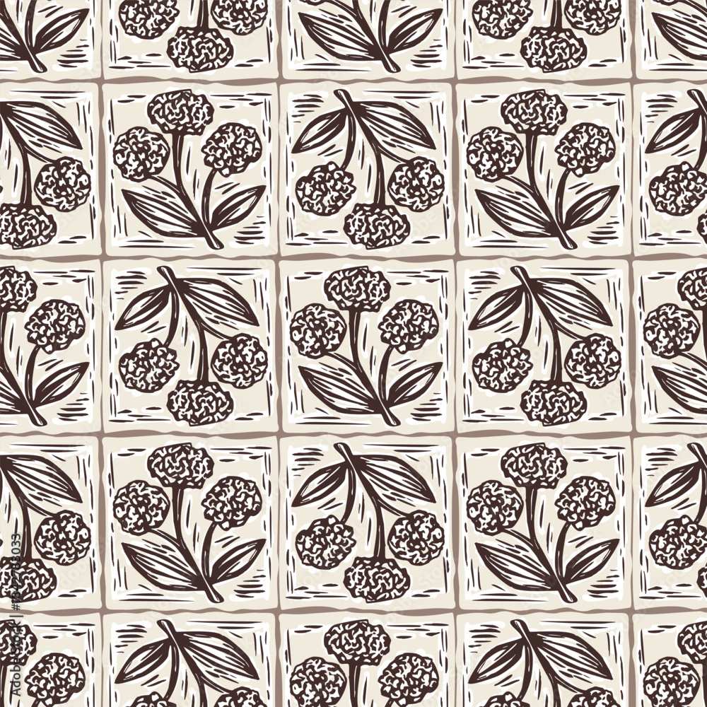 Fototapeta premium Hand drawn bold floral bloom lino cut style seamless pattern background. Flat vector stylish design wildflower motif Patchwork block print. Rustic neutral organic feel for fabric textile linen look