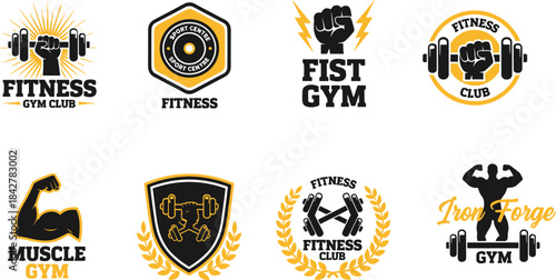 gym and fitness logos featuring muscular arms, dumbbells, fists, and laurel icons in bold vector style for athletic branding