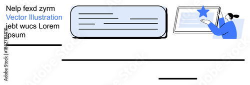 Digital interfaces, communication, data management, user experience, education, online interaction. Abstract design with text boxes and person using a digital display. Communication and user