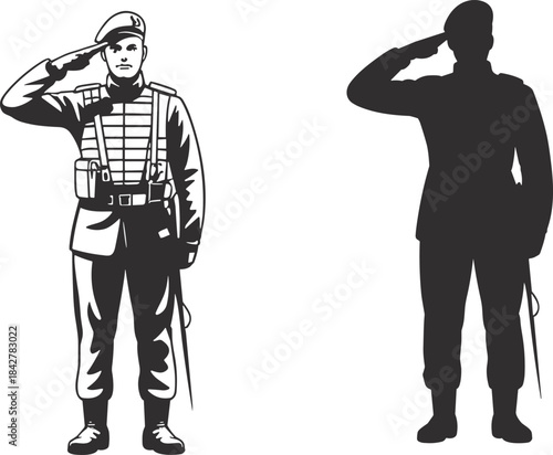 Illustration of two soldiers saluting, one detailed and one silhouetted, representing military honor, discipline, patriotism, duty, and armed forces professionalism in graphic style.
