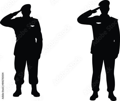 Silhouette illustration of two military soldiers standing at attention and saluting, symbolizing honor, duty, respect, and disciplined service in a clean minimalist style.
