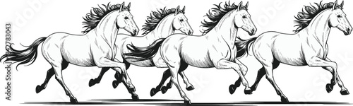 Dynamic illustration of galloping horses running in unison, showcasing powerful motion, freedom, energy, and elegance in a detailed black-and-white artistic style.