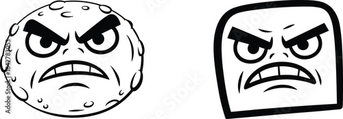 Cartoon angry faces of moon and bread characters with exaggerated expressions, emotional tension, and humorous conflict in vector illustration style