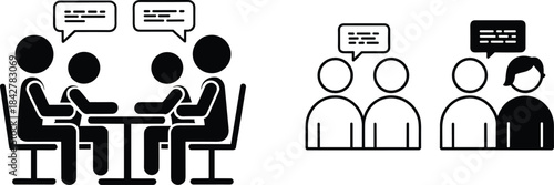 office meeting illustrations depicting greetings, teamwork, idea sharing, and coffee breaks in minimalist vector style for workplace themes