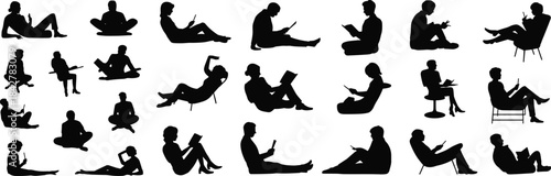 People reading silhouettes showing various seated poses with books and tablets for education design, study illustrations, learning graphics and lifestyle concepts.