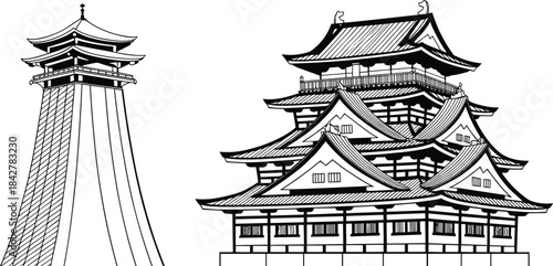 Traditional Japanese architecture illustration featuring detailed pagoda tower and classic multi-tiered temple building for cultural design, historical artwork, heritage concepts and decoration.