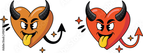 Cute devil heart cartoon illustrations with horns, tail, and mischievous expression for emojis, stickers, character design, playful artwork and digital graphics.