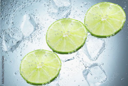 Juicy limes lime slices and ice cubes in soda water against light blue background, closeup