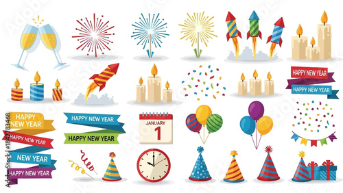 Vibrant Happy New Year Celebration Elements Collection