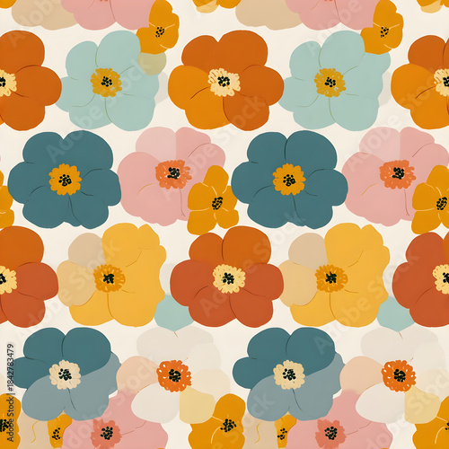 Seamless retro floral pattern with bold stylized flowers in mustard, blue and terracotta tones – mid-century modern design for textiles and wallpapers