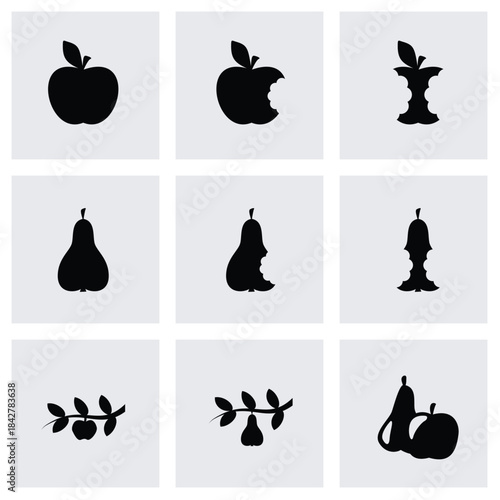 Vector Black Apple and Pear Fruit Icons Set