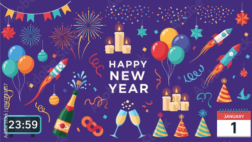 Vibrant Happy New Year Celebration Elements Collection
