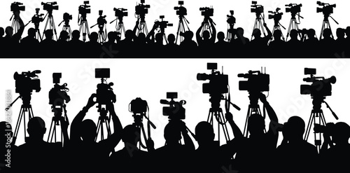 Large Crowd of Journalists and Cameramen with Video Cameras on Tripods Silhouettes at Press Conference Event News Reportage Media Broadcast for Breaking News Coverage