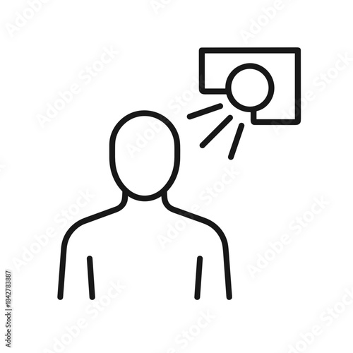 Line icon representing radiation therapy with rays targeting a human figure, symbolizing medical treatment using high-energy radiation to treat cancer and other conditions.