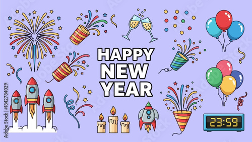 Vibrant Happy New Year Celebration Elements Collection