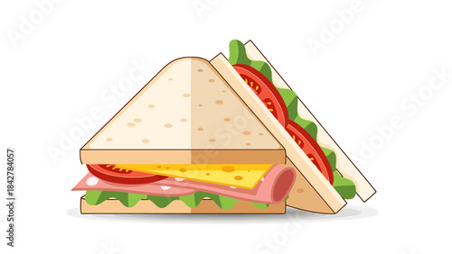 Freshly Made Triangle Sandwiches with Ham Cheese Tomato and Lettuce on White Bread Isolated on White Background
