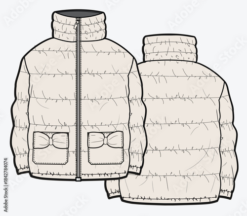 Kids quilted jacket vector design mockup template technical flat drawing.
