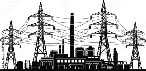 Power Plant and Electrical Energy Transmission Vector Silhouette, Industrial Factory Landscape with High-Voltage Towers and Power Lines, Modern Energy Generation and Distribution Infrastructure 