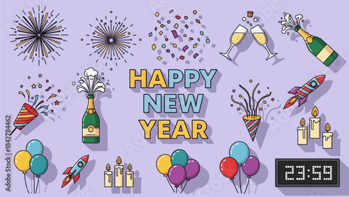 Vibrant Happy New Year Celebration Elements Collection