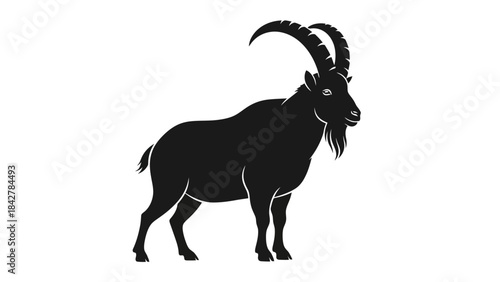 Silhouette of a majestic ibex with large curved horns, standing proudly isolated on white background