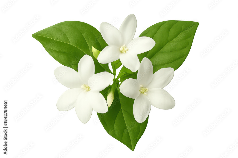 Fototapeta premium Jasmine flowers with green leaves, fresh white blossoms blooming, delicate floral plant element on transparent background