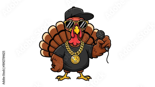 Cool Cartoon Turkey Rapper Wearing Sunglasses and Gold Chain Holding Microphone