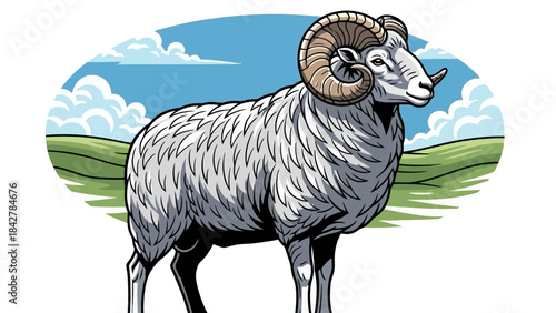Majestic Ram with Curved Horns Standing in a Grassy Field Under Blue Sky