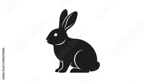 Black Silhouette of a Rabbit Sitting with Ears Up, Isolated on White Background