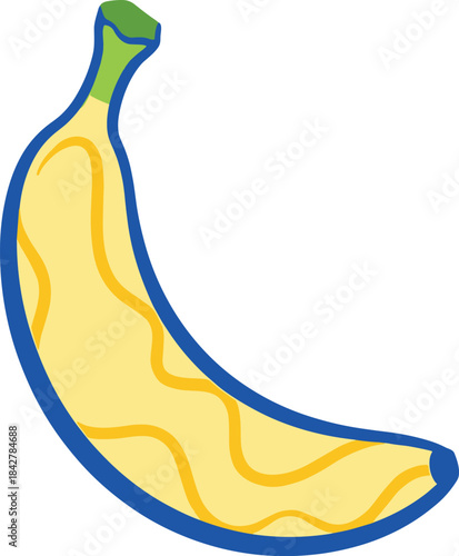Colorful banana vector illustration with bold blue outline and wavy patterns for playful food designs, branding, and packaging artwork