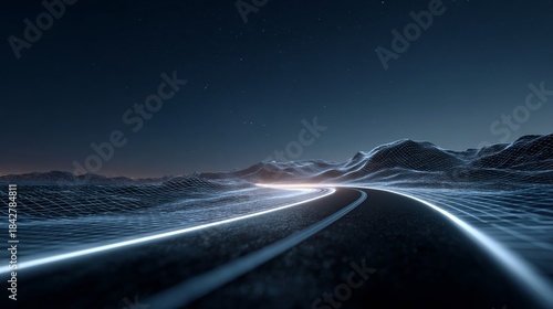 A Futuristic, Serpentine Road Illuminated by Glowing Lines Amongst a Vast, Digital Landscape of Mountains Under a Starry Sky