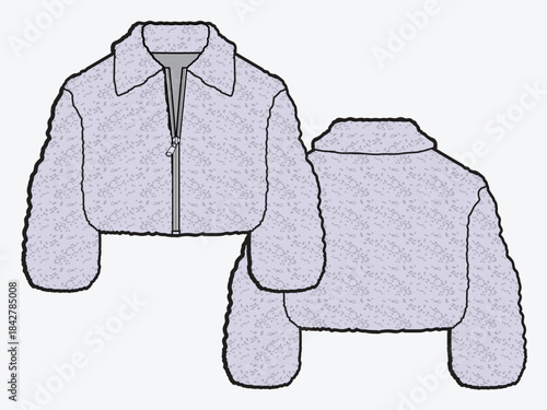Kids oversized fleece jacket design technical flat sketch vector mockup template.