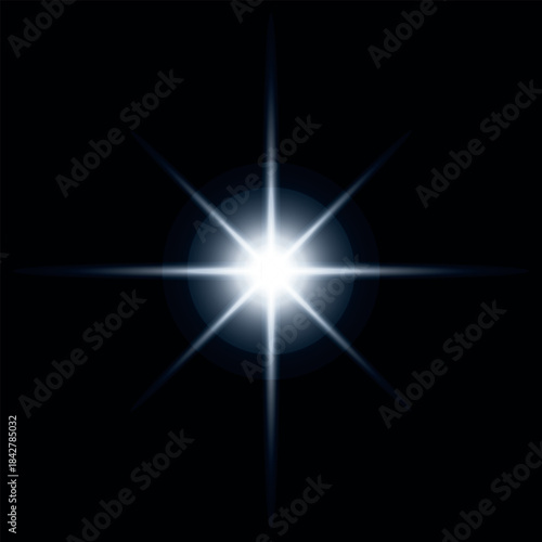 Sparkling star, vector glowing star light effect. Glitter magic star sparks, camera flash, flare ignition