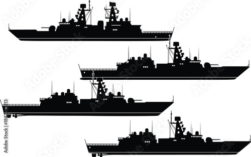 Vector Warship Silhouette Collection: Modern Navy Destroyer Frigate Battle Ship Fleet Formation Military Vessel Outline Design Element Set Naval Force Icons, Global Security, Defense Industry