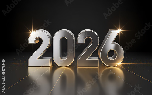 Happy New Year 2026 Metallic Silver 3D Typography Banner