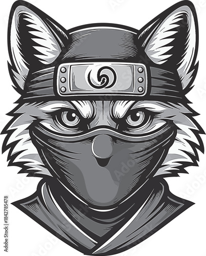 Ninja Fox Head with Headband and Mask Vector Illustration