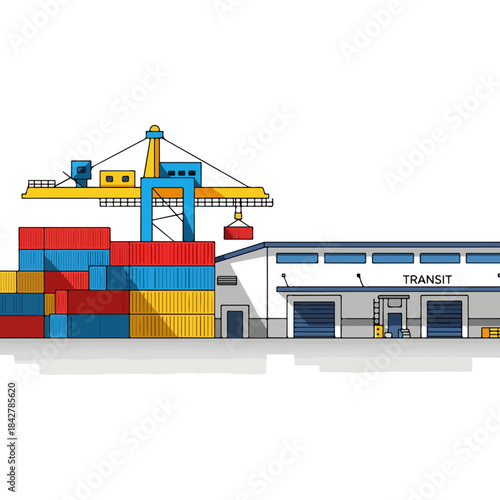 Shipping Containers at Busy Port with Crane.