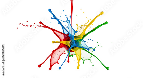 Vibrant paint splatters in red, blue, yellow, and green explode dynamically from a central point, creating a lively, abstract visual effect.